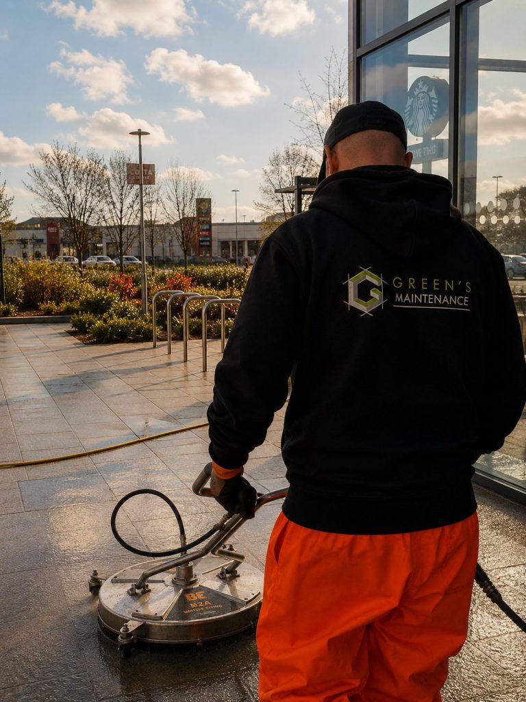 Plaza cleaning at golden hour
